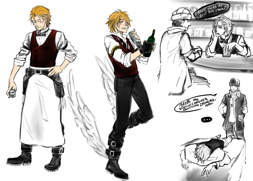 acidfreecoke amata_sora andy_w_hall apron aquarion_(series) aquarion_evol bar bartender belt bottle buckle from_side glass hair_over_one_eye hand_on_hip male_focus multiple_boys simple_background standing upper_body waist_apron waiter white_background