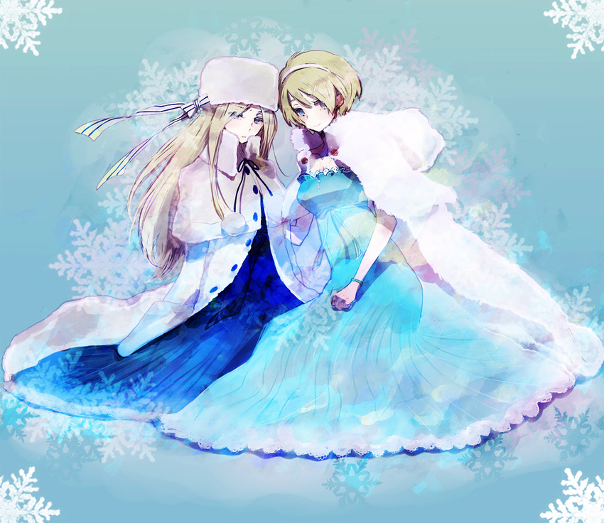 axis_powers_hetalia belarus_(hetalia) blonde_hair blue_dress blue_eyes blush bow bracelet capelet coat dress fur fur_hat hair_ornament hairband hairpin hat hat_bow jewelry long_hair multiple_girls rusuko short_hair siblings sisters smile snowflakes ukraine_(hetalia)