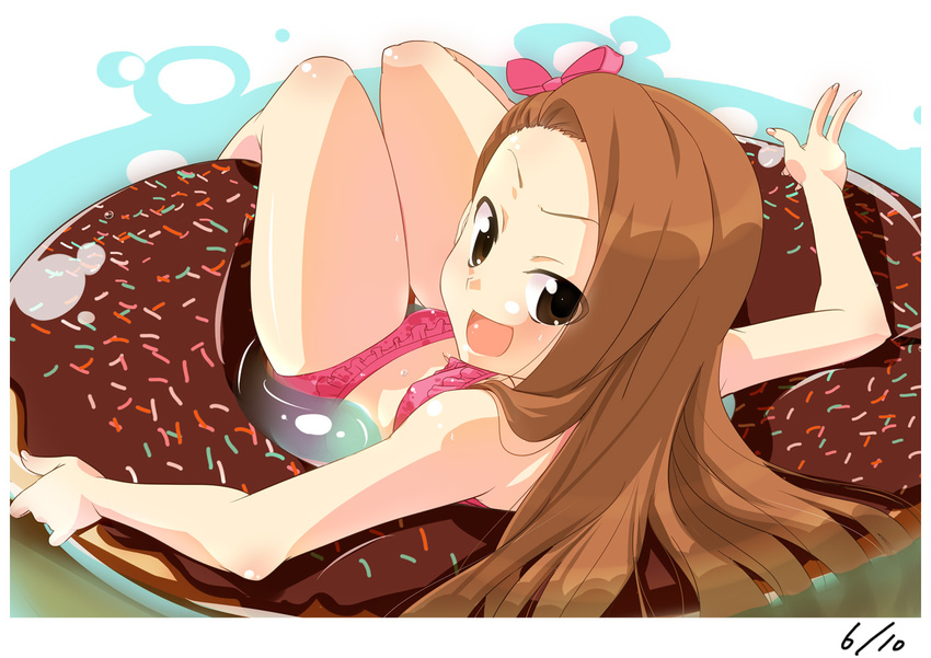 bikini brown_eyes brown_hair doughnut_innertube hairband idolmaster idolmaster_(classic) iga_tamaki innertube long_hair looking_back minase_iori minigirl oversized_object swimsuit