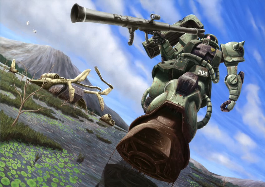 bazooka bird cloud damaged day dutch_angle gundam highres mecha medea_(gundam) mobile_suit_gundam mountain no_humans realistic science_fiction sky swamp weapon zaku zaku_ii zaku_ii_f/j