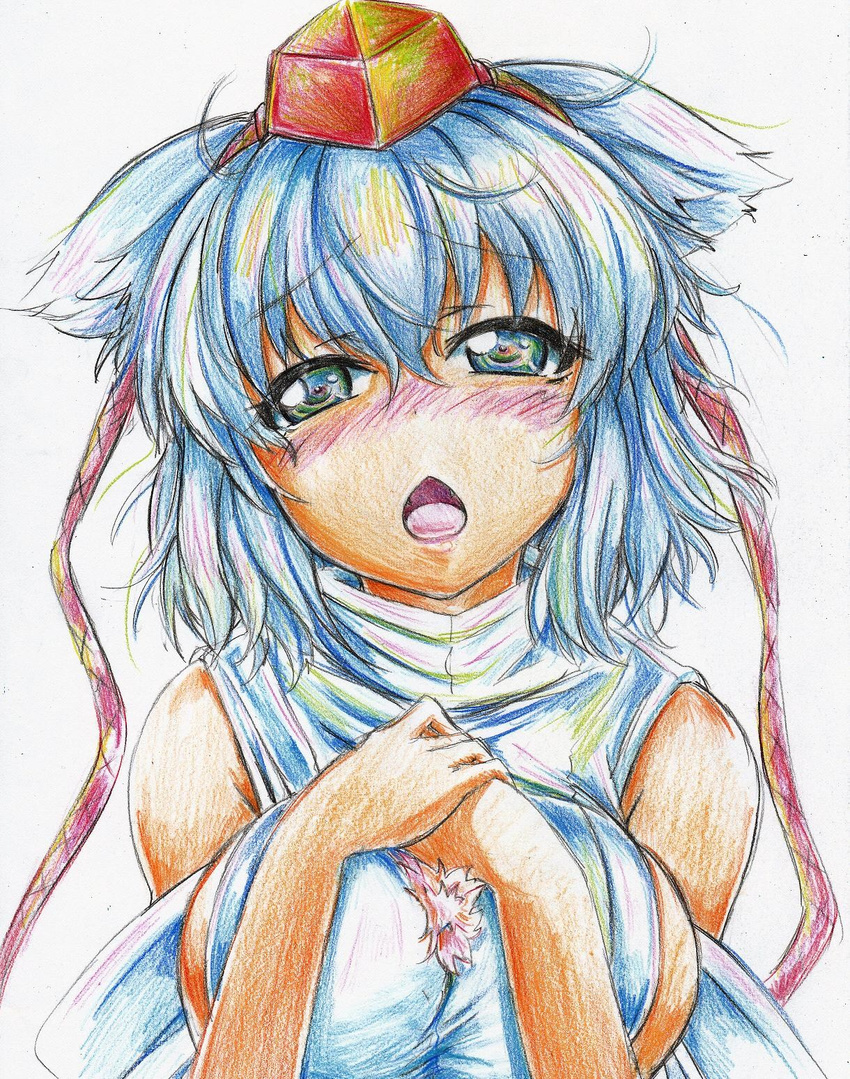 bare_shoulders blush breasts chestnut_mouth colored_pencil_(medium) detached_sleeves green_eyes hat highres inubashiri_momiji kitazinger large_breasts open_mouth short_hair sideboob solo tokin_hat touhou traditional_media upper_body white_hair