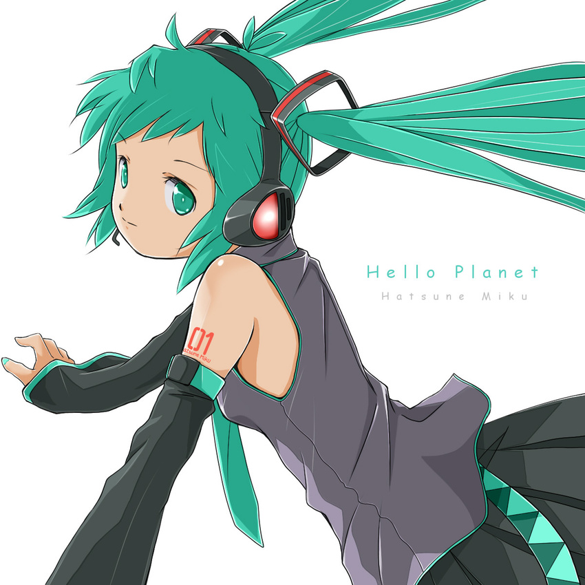 character_name detached_sleeves floating_hair green_eyes green_hair hatsune_miku headphones headset hello_planet_(vocaloid) highres kowiru long_hair necktie simple_background solo twintails vocaloid white_background