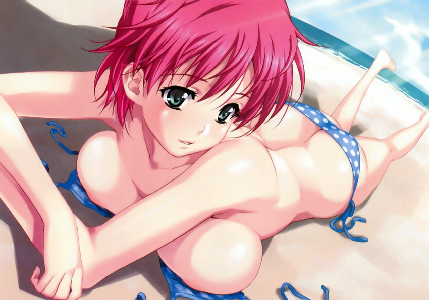 absurdres areolae ass bare_legs bare_shoulders beach bikini breast_press breasts butt_crack day foreshortening green_eyes happoubi_jin highres iihara_nao large_breasts light_rays light_smile looking_away lying on_stomach parted_lips pink_hair polka_dot polka_dot_bikini polka_dot_swimsuit resort_boin shiny shiny_skin short_hair side-tie_bikini solo sunbeam sunlight swimsuit