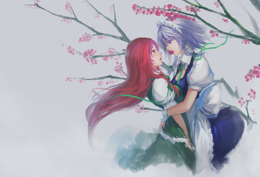 absurdres apron blue_eyes blush braid breast_press cherry eye_contact food fruit highres hong_meiling izayoi_sakuya lips long_hair looking_at_another maid_headdress mouth_hold multiple_girls red_eyes red_hair ribbon short_hair silver_hair simple_background symmetrical_docking touhou twin_braids waist_apron wrist_cuffs youyi_(ww5413203) yuri