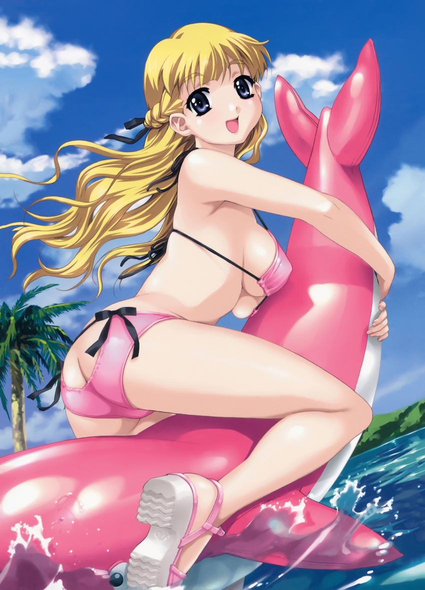 absurdres ass bikini blonde_hair breasts dolphin erect_nipples game_cg happoubi_jin highres inflatable_dolphin inflatable_toy pink resort_boin sideboob solo swimsuit swimsuits tsukushino_mitsugu underboob