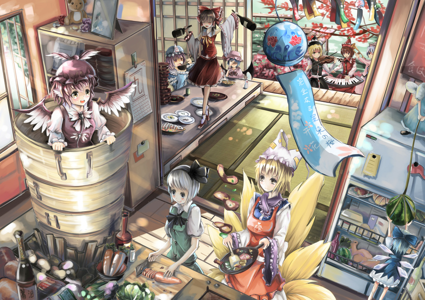 absurdres apron armband ascot bird_wings blonde_hair blue_eyes blue_hair blush bottle bowl brooch brown_hair bucket cabbage calendar_(object) carrot cherry_blossoms chopsticks cirno cleaver closed_eyes cooking crescent cup cutting_board daikon daiyousei detached_sleeves drunk eating fairy_wings food fox_tail fruit hakurei_reimu hand_on_own_face hat high_heels highres in_bucket in_container indoors instrument japanese_clothes jewelry keyboard_(instrument) kimono konpaku_youmu lavender_hair long_sleeves looking_at_another looking_up lunasa_prismriver lyrica_prismriver meat merlin_prismriver multiple_girls multiple_tails mystia_lorelei on_table open_mouth photo_(object) pink_eyes pink_hair plate qianqian refrigerator remilia_scarlet saigyouji_yuyuko shaded_face shoes skeleton skirt smile star stuffed_animal stuffed_toy table tail tatami teeth touhou triangular_headpiece trumpet veranda vest violin walking watermelon white_hair wind_chime window wings yakumo_ran yellow_eyes