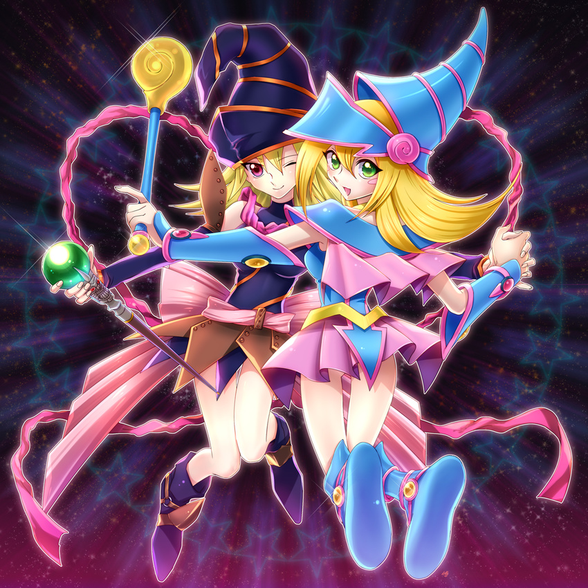 :d blonde_hair blue_footwear blush_stickers boots dark_magician_girl detached_sleeves duel_monster gagaga_girl green_eyes hat highres holding_hands looking_at_viewer looking_back mairu_toro multiple_girls one_eye_closed open_mouth purple_eyes smile staff star thigh_gap wand witch_hat wonder_wand yuu-gi-ou yuu-gi-ou_duel_monsters yuu-gi-ou_zexal