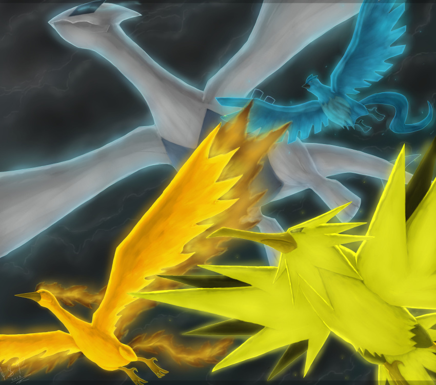 absurdres articuno bird cloud cloudy_sky commentary creature creatures_(company) dark_clouds eclipse4d english_commentary flying from_below game_freak gen_1_pokemon gen_2_pokemon highres legendary_pokemon looking_away lugia moltres night night_sky nintendo no_humans outdoors pokemon pokemon_(creature) sky zapdos