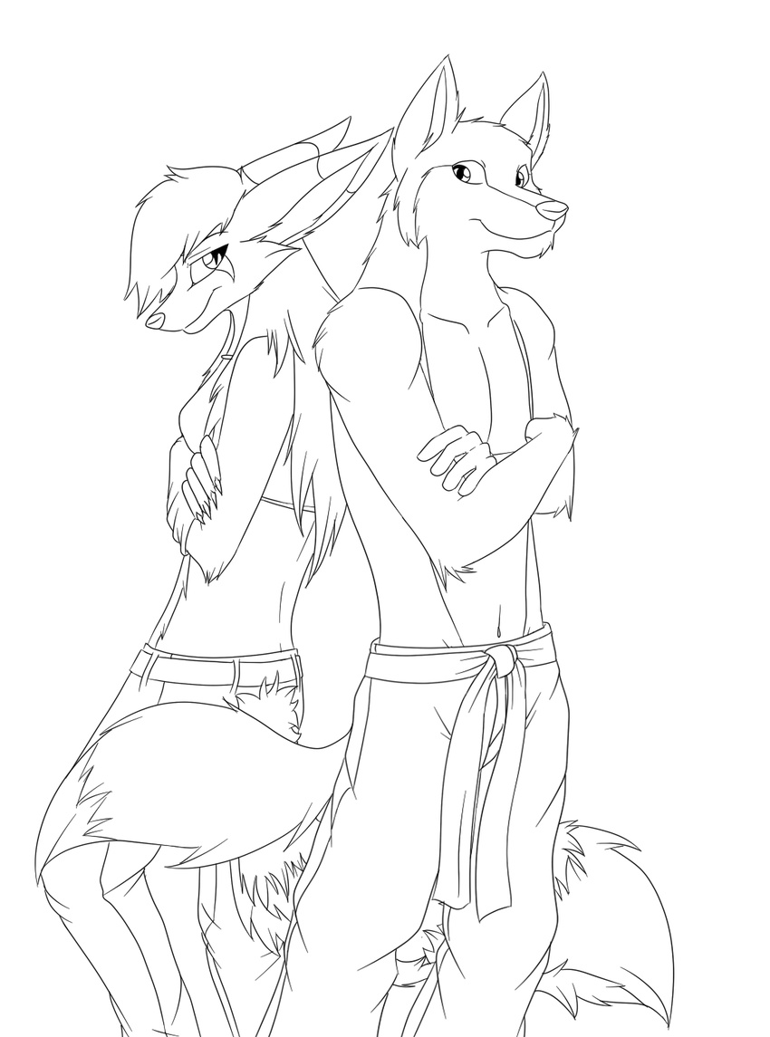 &amp; and black_and_white canine clothed clothing duo female luc male mammal monochrome sayo unknown_artist x
