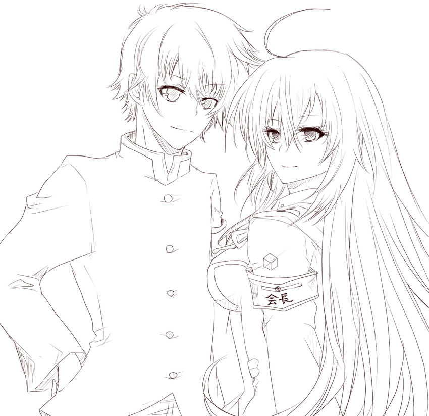 1boy 1girl ahoge armband kumagawa_misogi kurokami_medaka lineart long_hair medaka_box school_uniform smile uniform