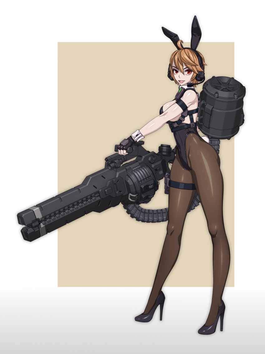 1girl absurdres ahoge ammunition_belt animal_ears breasts chest_harness covered_navel detached_collar drum_magazine fake_animal_ears fake_tail fingerless_gloves full_body gloves gun harness headset high_heels highleg highleg_leotard highres holding holding_gun holding_weapon holster large_breasts leotard looking_at_viewer machine_gun magazine_(weapon) orange_hair original pantyhose playboy_bunny rabbit_ears rabbit_tail red_eyes science_fiction short_hair solo standing strapless strapless_leotard tactical_playboy_bunny tail tanke_laide thigh_holster very_short_hair weapon wrist_cuffs