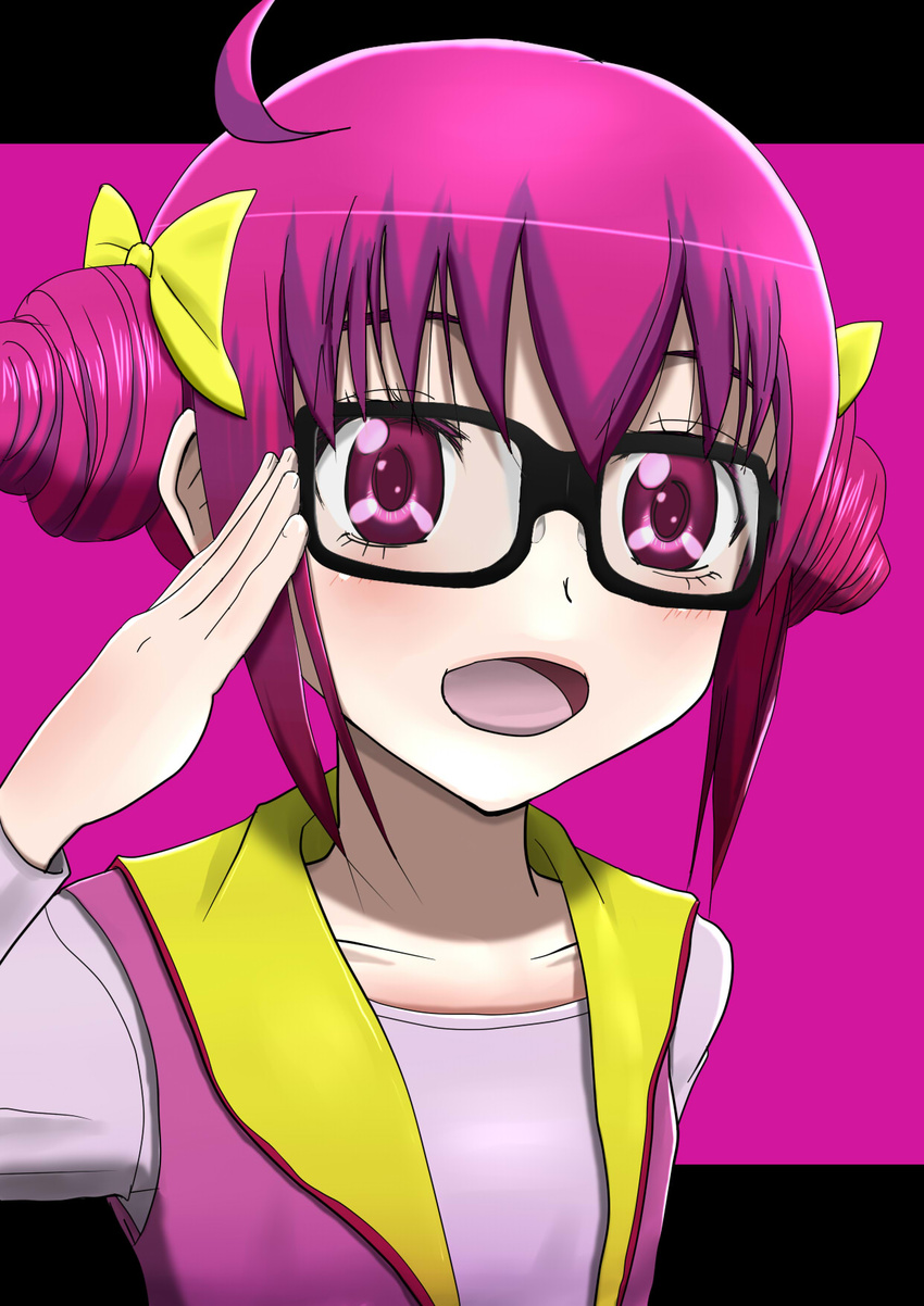 adjusting_eyewear bespectacled blush bow glasses hair_bow highres hoshizora_miyuki open_mouth pink_eyes pink_hair pink_vest precure shinkuoh short_hair smile smile_precure! twintails vest