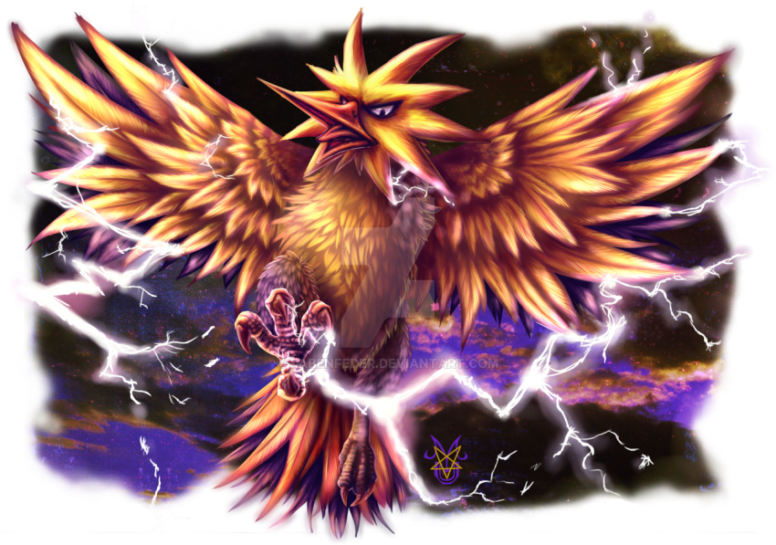 bird claws cloud cloudy_sky commentary commission creatures_(company) dark_clouds electricity english_commentary flying full_body game_freak gen_1_pokemon looking_at_viewer nintendo no_humans pokemon pokemon_(creature) rabenfeder realistic sky solo watermark web_address yellow zapdos