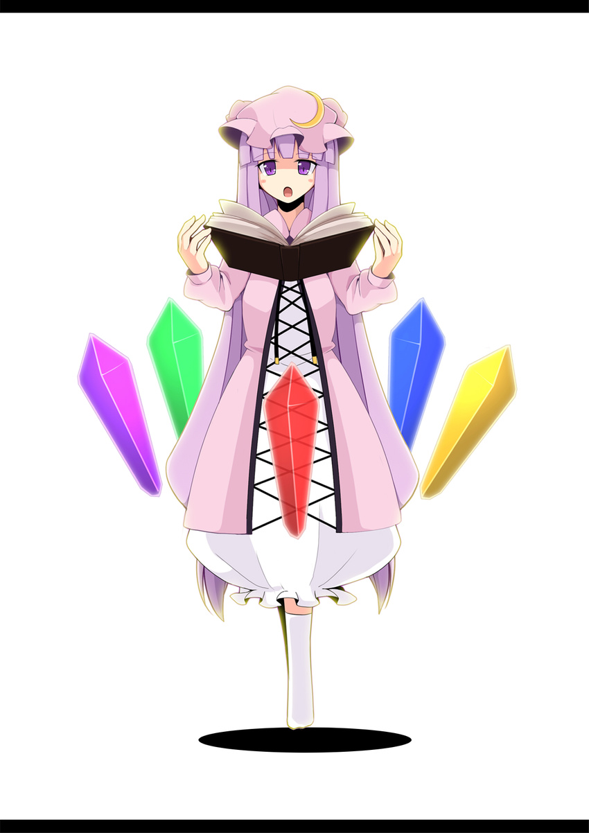 :o bangs blunt_bangs book crescent dress hat highres letterboxed long_hair long_sleeves looking_at_viewer meneru open_mouth patchouli_knowledge philosopher's_stone purple_eyes purple_hair simple_background solo touhou