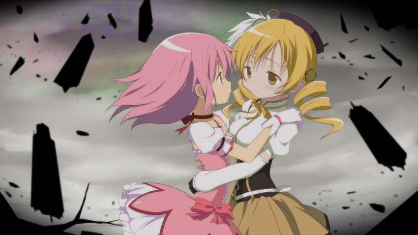 banned_artist beret blonde_hair drill_hair eye_contact face-to-face hair_down hat hug kaname_madoka long_hair looking_at_another mahou_shoujo_madoka_magica moritan multiple_girls pink_eyes pink_hair puffy_sleeves skirt tomoe_mami twin_drills twintails yellow_eyes yuri