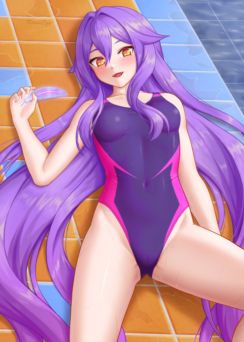 1girl absurdres competition_swimsuit covered_navel cowboy_shot feathers hair_between_eyes highleg highleg_one-piece_swimsuit highres honkai_(series) honkai_impact_3rd kwaiiego long_hair looking_at_viewer one-piece_swimsuit purple_hair purple_one-piece_swimsuit red_eyes sirin solo swimsuit tile_floor tiles two-tone_swimsuit very_long_hair