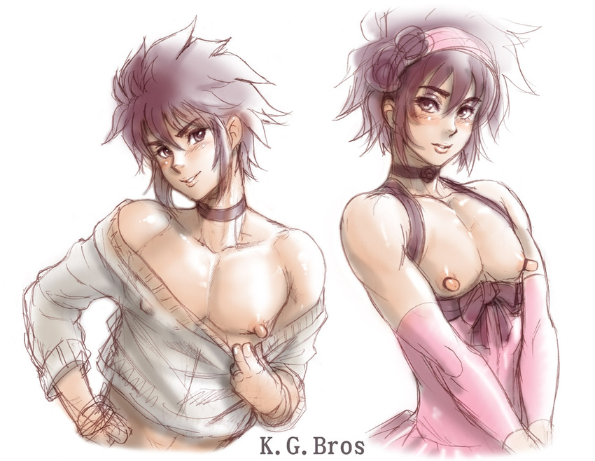 1boy androgynous brown_hair crossdressing erect_nipples kakugari_kyoudai kgbros long_nipples nikuringo nipples presenting sketch solo trap yuuki_rin