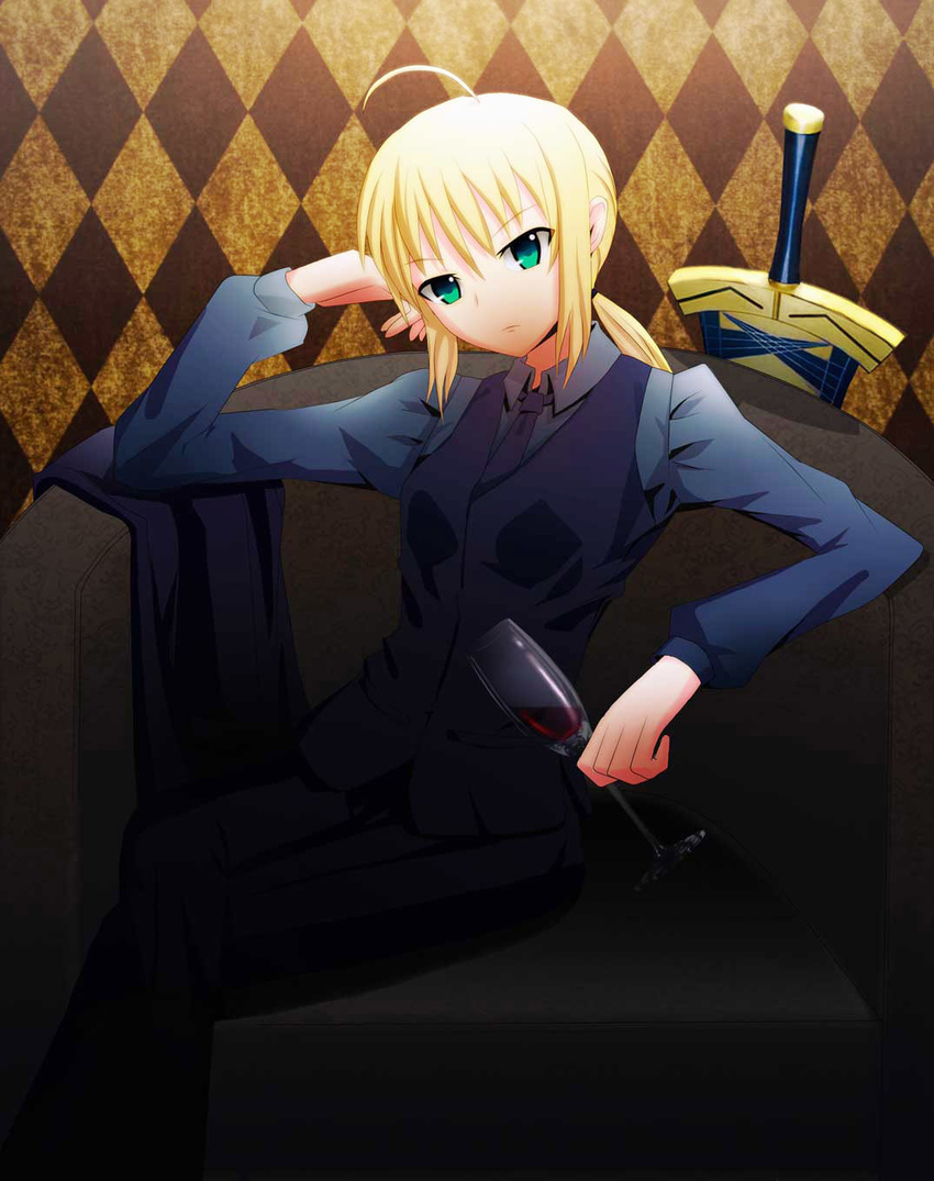 ahoge argyle argyle_background artoria_pendragon_(all) avalon_(fate/stay_night) bad_id bad_pixiv_id blonde_hair cup drinking_glass excalibur fate/zero fate_(series) formal green_eyes h8638247 highres long_hair pant_suit ponytail saber sheath sheathed solo suit sword vest waistcoat weapon wine_glass