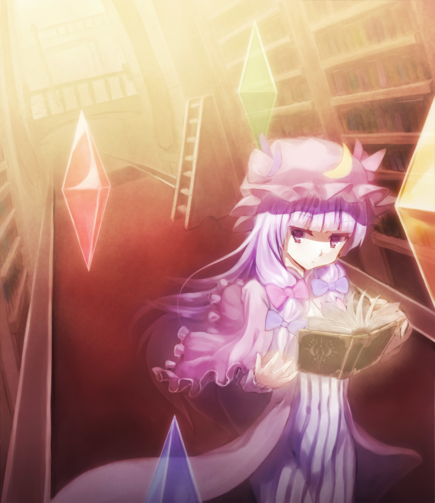 blush book bookshelf bow crescent crystal dress ecien hair_bow hat highres library long_hair patchouli_knowledge philosopher's_stone purple_eyes purple_hair ribbon solo touhou voile