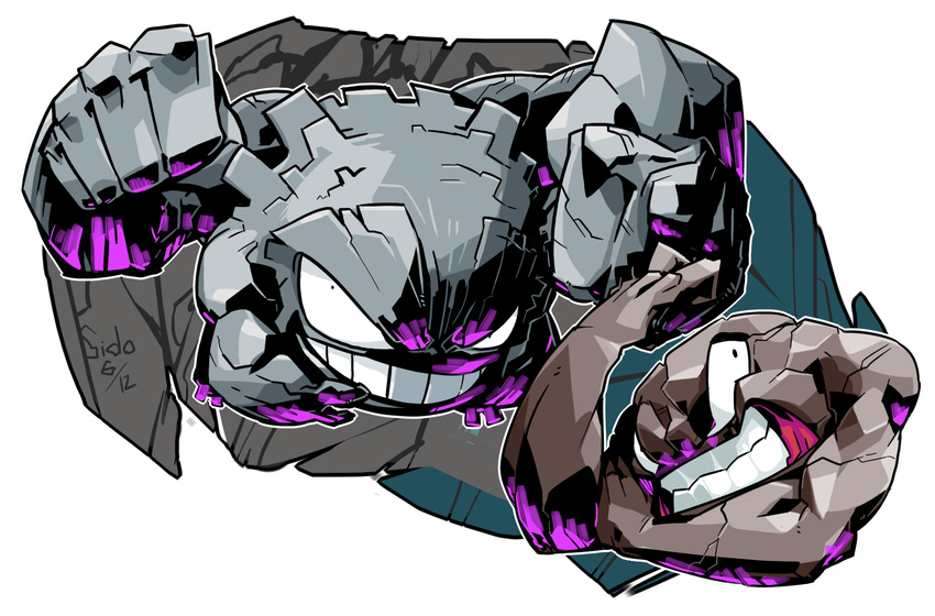 clenched_teeth creature dated gen_1_pokemon geodude graveler grin highres multiple_arms muscle no_humans pokemon pokemon_(creature) pose rock sido_(slipknot) signature smile teeth transparent_background