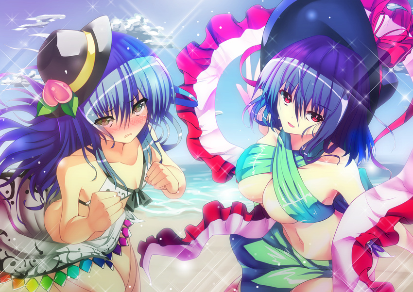 adapted_costume bad_id bad_pixiv_id bare_shoulders beach bikini blue_hair blush breasts cleavage cloud collarbone day food fruit green_sarong hat highres hinanawi_tenshi large_breasts long_hair looking_at_viewer multiple_girls nagae_iku ocean outdoors peach red_eyes sarong shawl short_hair sky sousakubito sparkle swimsuit touhou white_sarong