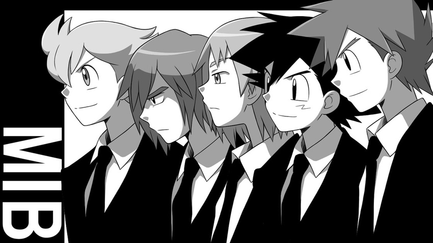 black_hair commentary_request cyaneko formal frown greyscale jun_(pokemon) male_focus monochrome multiple_boys necktie ookido_shigeru pokemon pokemon_(anime) pokemon_(classic_anime) pokemon_bw_(anime) pokemon_dp_(anime) satoshi_(pokemon) shinji_(pokemon) shooti_(pokemon) smile suit