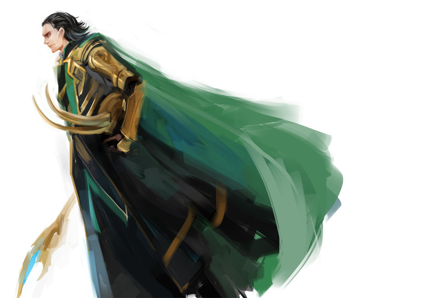 black_hair green_eyes headwear_removed helmet helmet_removed horns loki_(marvel) male_focus marvel pump_(pumpqmuq) solo