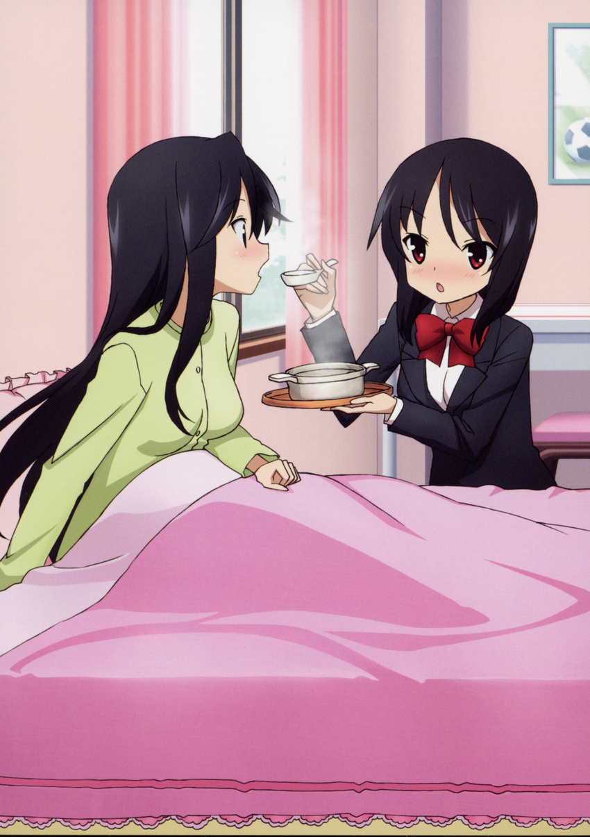 a_channel absurdres bed black_hair blush feeding food highres long_hair multiple_girls nishi_keiko nishi_yuuko non-web_source official_art open_mouth pajamas red_eyes school_uniform siblings sisters very_long_hair