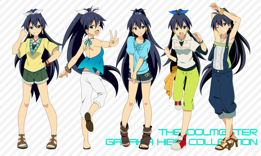 alternate_costume anklet arms_up bangs black_hair blue_eyes boots bow bracelet character_sheet costume_chart earrings fang female full_body ganaha_hibiki grin hair_bow high_heels highres hoop_earrings idolmaster jewelry kyu long_hair looking_at_viewer no_socks open_toe_shoes ponytail sandals shoes shorts smile standing v