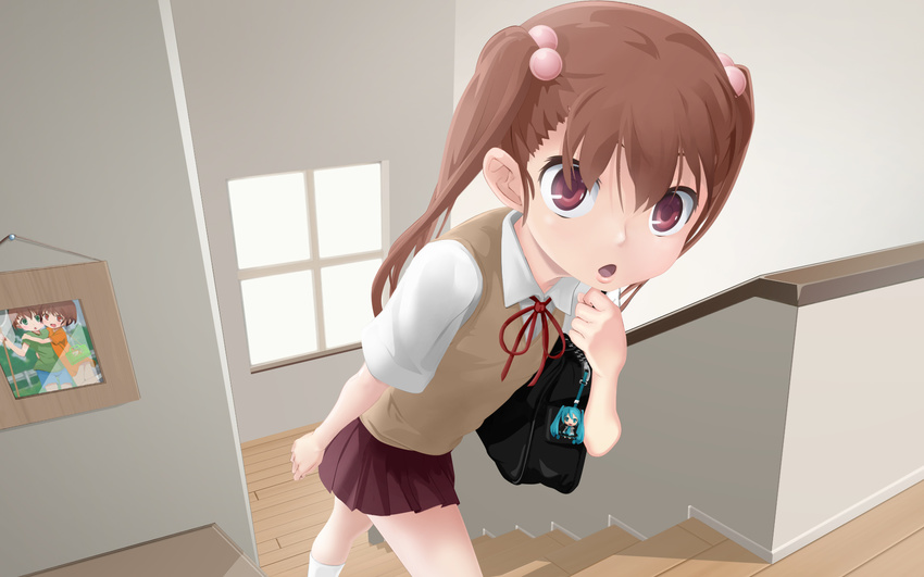 blush brother_and_sister brown_hair green_eyes hair_bobbles hair_ornament hatsune_miku highres keychain long_hair md5_mismatch open_mouth original perspective photo_(object) school_uniform siblings skirt solo stairs sweater_vest twintails vocaloid walking yuki18r