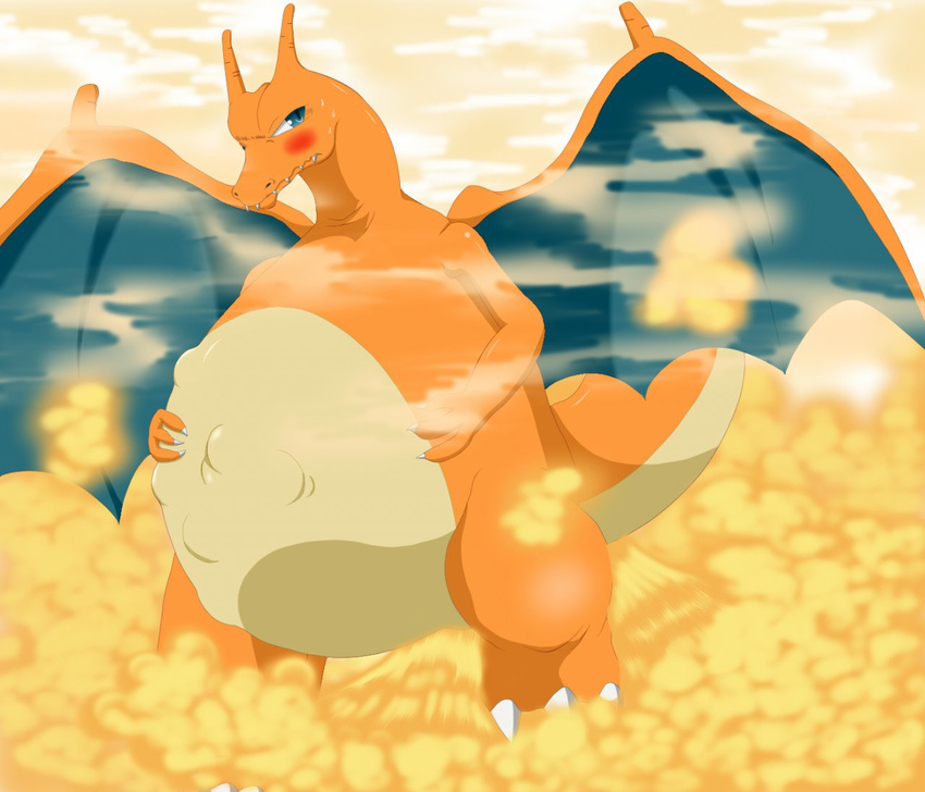 belly blush charizard claws fard fart gas hands_on_stomach inflation looking_at_viewer male mustard_gas nintendo one_eye_closed orange_skin overweight plain_background pok&#233;mon pok&eacute;mon sharp_teeth smoke spread_legs spreading standing sweat teal_eyes teeth video_games white_background wings