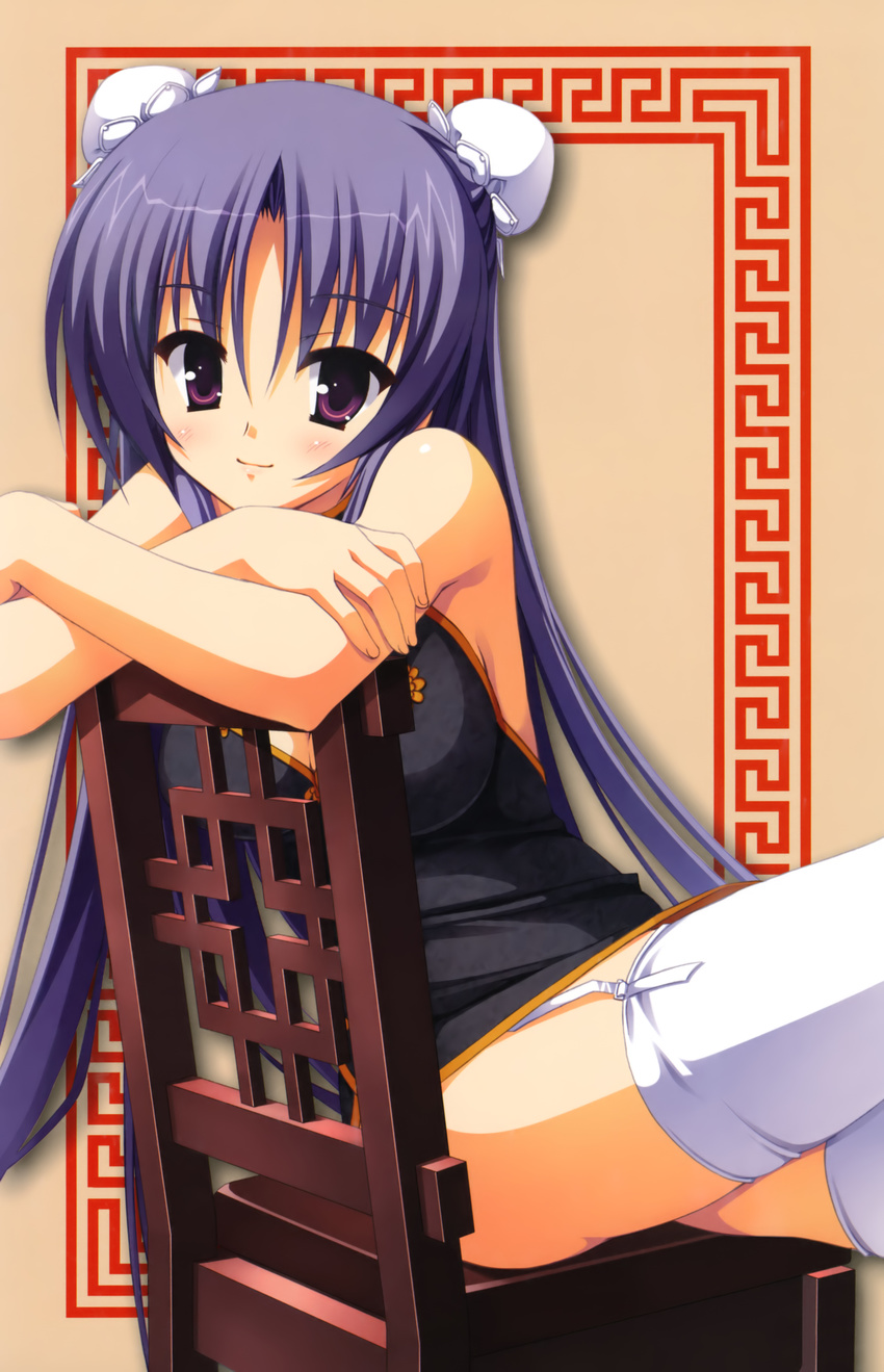 absurdres chair china_dress chinese_clothes crossed_arms crossed_legs double_bun dress garter_straps highres itsukishishihime_no_mikoto kobuichi looking_at_viewer purple_eyes purple_hair sitting sitting_sideways solo tenshinranman thighhighs