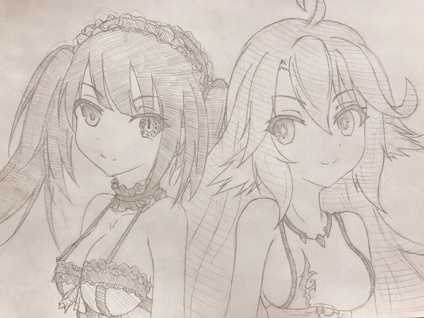 bare_shoulders breasts clock_eyes closed_mouth commentary_request crop_top cross crossover date_a_live dress gothic_lolita hairband highres jibril_(no_game_no_life) large_breasts lolita_fashion lolita_hairband long_hair medium_breasts monochrome multiple_girls no_game_no_life sideboob sketch smile symbol-shaped_pupils tokisaki_kurumi twintails very_long_hair wing_ears yamaneko_(white_collar46)