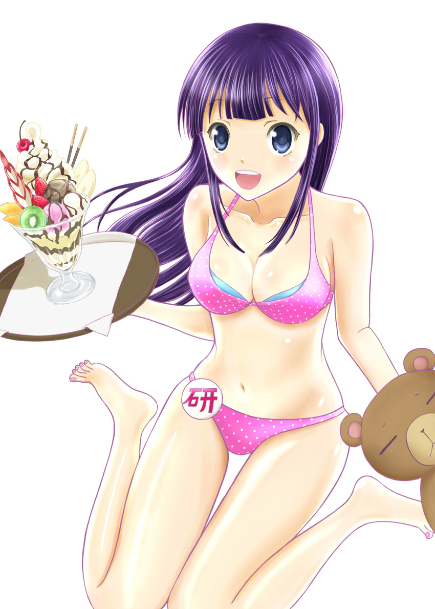 absurdres bikini blue_eyes breasts cleavage daisy_(working!!) highres kao_(ksn0120) kneeling long_hair medium_breasts navel purple_hair stuffed_animal stuffed_toy swimsuit teddy_bear working!! yamada_aoi