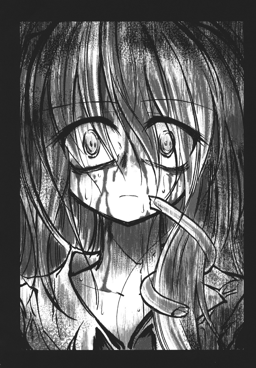 blood comic detached_sleeves doujinshi greyscale hair_ornament highres kochiya_sanae long_hair monochrome snake solo surprised torn_clothes touhou ugatsu_matsuki