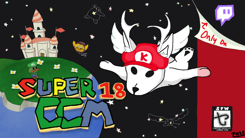 16:9 2025 ambiguous_gender annoyed antlers arms_out avian beak bird black_eyes box_art carnaltwin clothing constellation corvid corvus_(genus) flag flower flying fur ghost grass hat headgear headwear horn inner_ear_fluff jackalope lagomorph levitation mammal mario_bros nintendo oscine passerine pawpads paws peach's_castle plant pointy_ears prick_ears raven sky solo_focus spirit star starry_sky stork super_mario_64 text tuft twitch.tv water watermark white_body white_fur widescreen wing_cap wings yoshi's_island