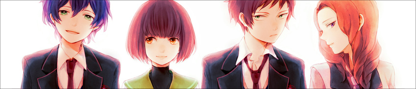 2girls bad_id bad_pixiv_id blazer blue_hair brown_eyes brown_hair green_eyes highres jacket long_hair long_image mawaru_penguindrum multiple_boys multiple_girls natsume_masako oginome_ringo purple_eyes red_hair school_uniform short_hair siblings takakura_kanba takakura_shouma tsuyuxxx wide_image