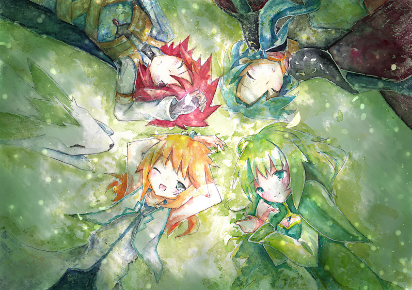 1girl 3boys aqua_eyes blonde_hair blush bracelet breasts cape capelet creature dress eyes_closed gloves green_hair highres jewelry kratos_aurion long_hair lying martel_yggdrasill mithos_yggdrasill multiple_boys noishe open_mouth pants red_eyes red_hair short_hair smile tales_of_(series) tales_of_symphonia wink yuan_ka-fai
