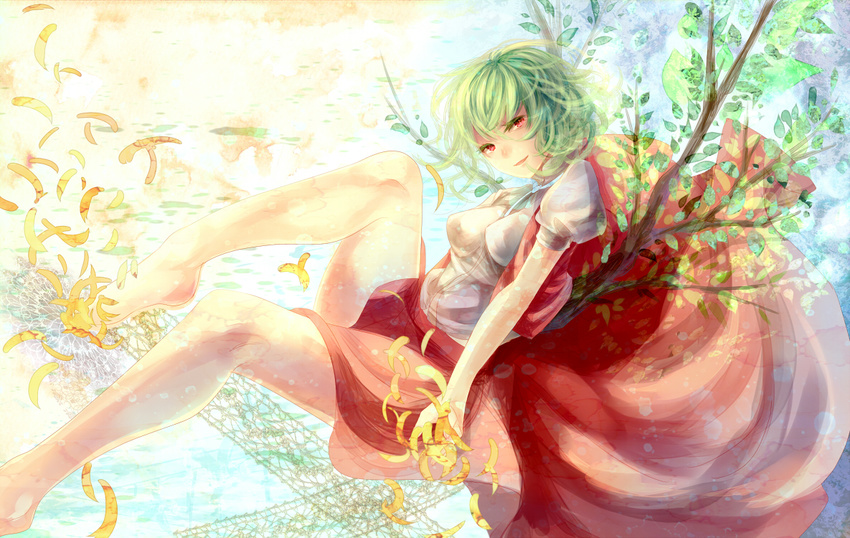 bad_id bad_pixiv_id bare_legs barefoot green_hair kazami_yuuka looking_at_viewer open_clothes open_vest petals red_eyes shirt short_hair silentdin sitting skirt smile solo touhou twig vest