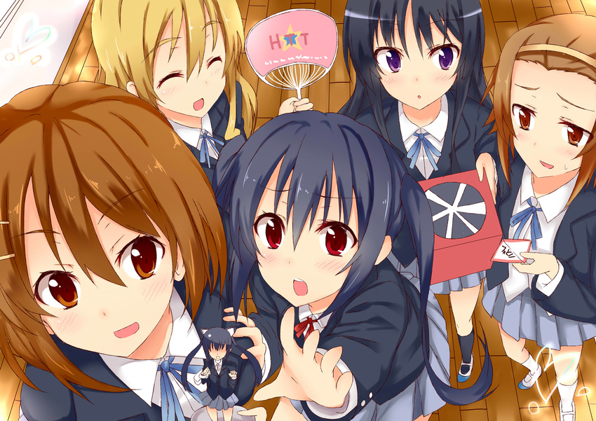 absurdres akiyama_mio animal_ears black_hair blonde_hair brown_eyes brown_hair cat_ears closed_eyes fan figure highres hirasawa_yui k-on! kotobuki_tsumugi kurifuto multiple_girls nakano_azusa purple_eyes red_eyes school_uniform tainaka_ritsu