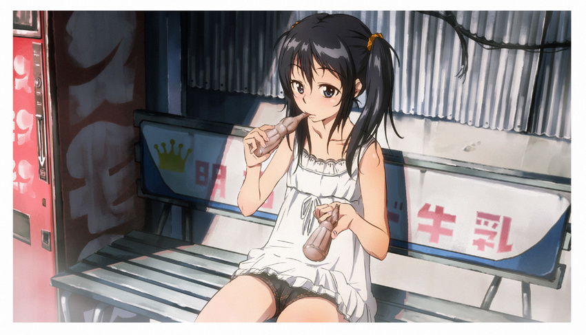 bench black_hair blue_eyes bottle camisole copyright_request drinking foreshortening kikuchi_(xpoz) scrunchie shade short_shorts shorts sitting solo twintails vending_machine