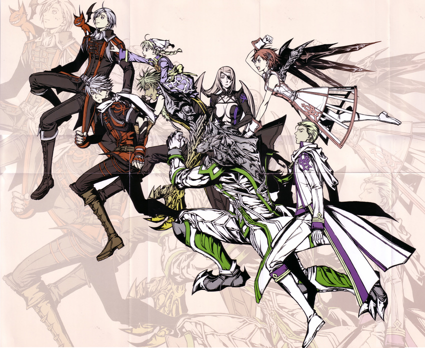 5boys absurdres almira artist_request blonde_hair boots breasts cain_(over_zenith) cape carrying cleavage dorothy_(over_zenith) dress everyone eyepatch feel flying furry galumn gloves highres juju large_breasts leon_(over_zenith) multiple_boys multiple_girls over_zenith pointing red_hair running scan scarf shoulder_carry silver_hair the_wizard_of_oz thigh_boots thighhighs toto_(over_zenith) vitis wings wolf zoom_layer