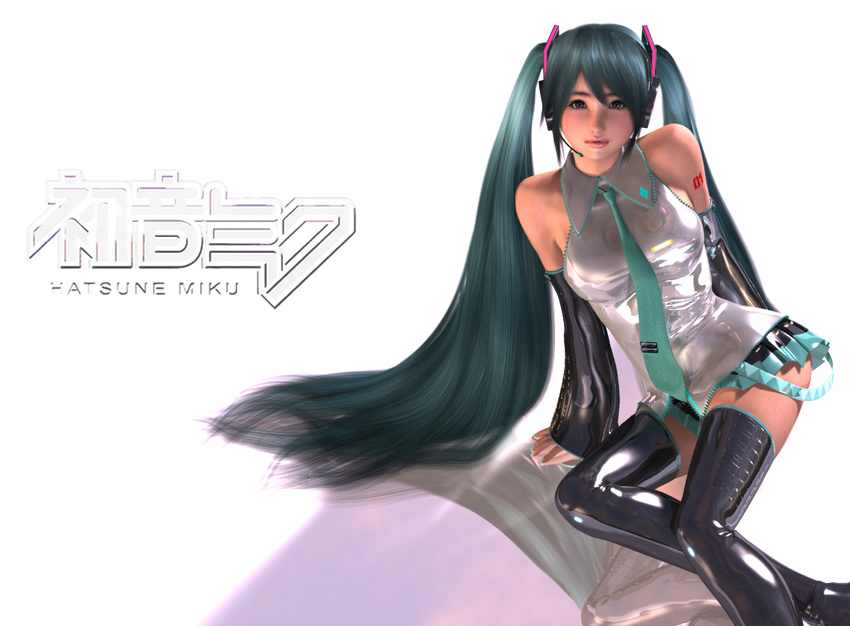 3d bad_id bad_pixiv_id breasts brown_eyes detached_sleeves green_hair hatsune_miku hinemaru large_breasts long_hair microphone necktie solo thighhighs twintails very_long_hair vocaloid