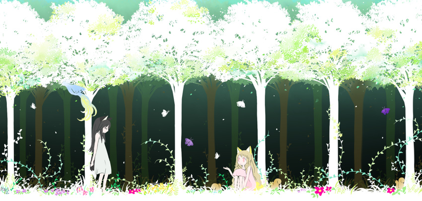 animal_ears black_hair blonde_hair bug butterfly dress flower forest insect long_hair multiple_girls nature original scenery sitting tree yusorate