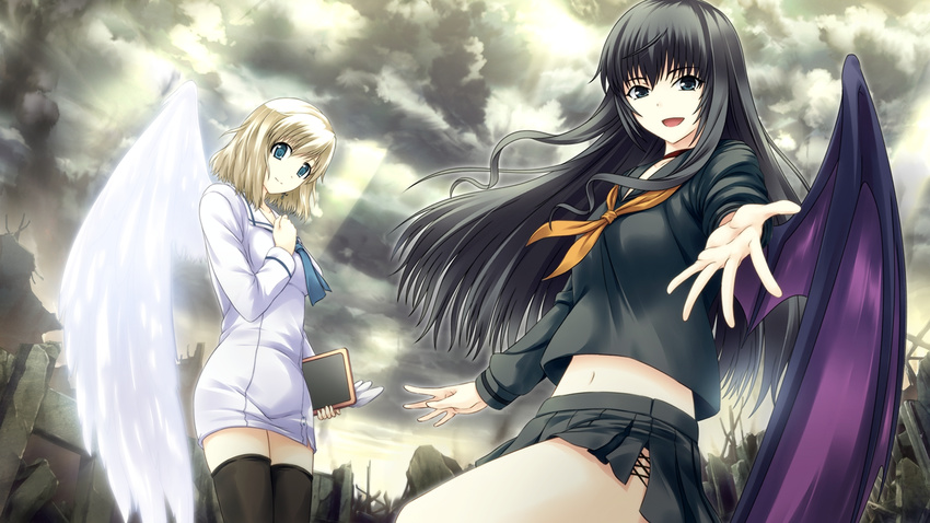 angel_and_devil angel_wings black_hair blonde_hair blue_eyes demon_wings earrings game_cg highres ishii_hisao jewelry lilith_(tokyo_babel) long_hair multiple_girls navel necktie raziel_(tokyo_babel) ruins skirt smile tablet_pc thighhighs tokyo_babel wings zettai_ryouiki