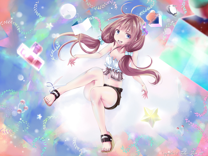 bare_shoulders blue_eyes brown_hair christmas_gift long_hair navel open_mouth original poker-face-008 sandals scissors solo starfish tetris twintails |_|