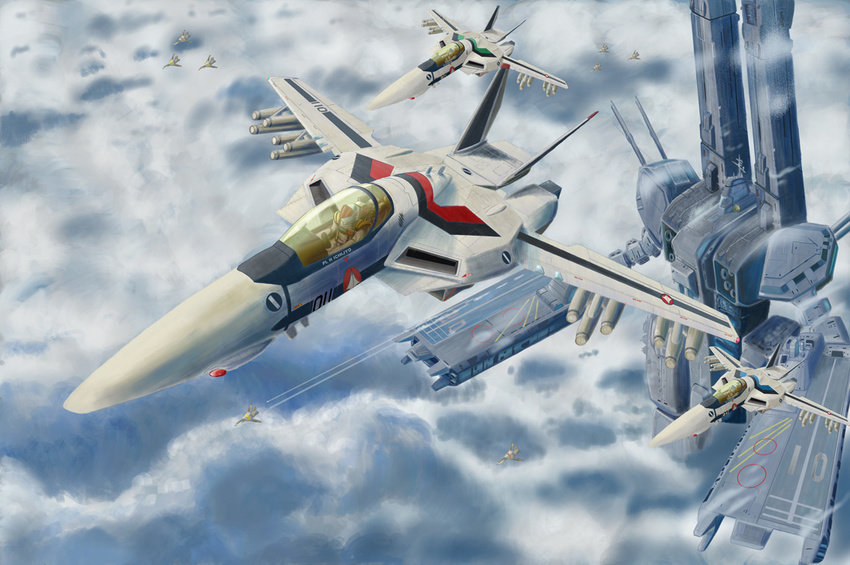 80s aircraft airplane bad_id bad_pixiv_id cannon choujikuu_yousai_macross cloud condensation_trail fleet flying i.t.o_daynamics ichijou_hikaru jet kakizaki_hayao launch macross macross:_do_you_remember_love? maximilian_jenius mecha missile multiple_boys oldschool science_fiction sdf-1 space_craft storm_attacker u.n._spacy variable_fighter vf-1 vf-1a vf-1s