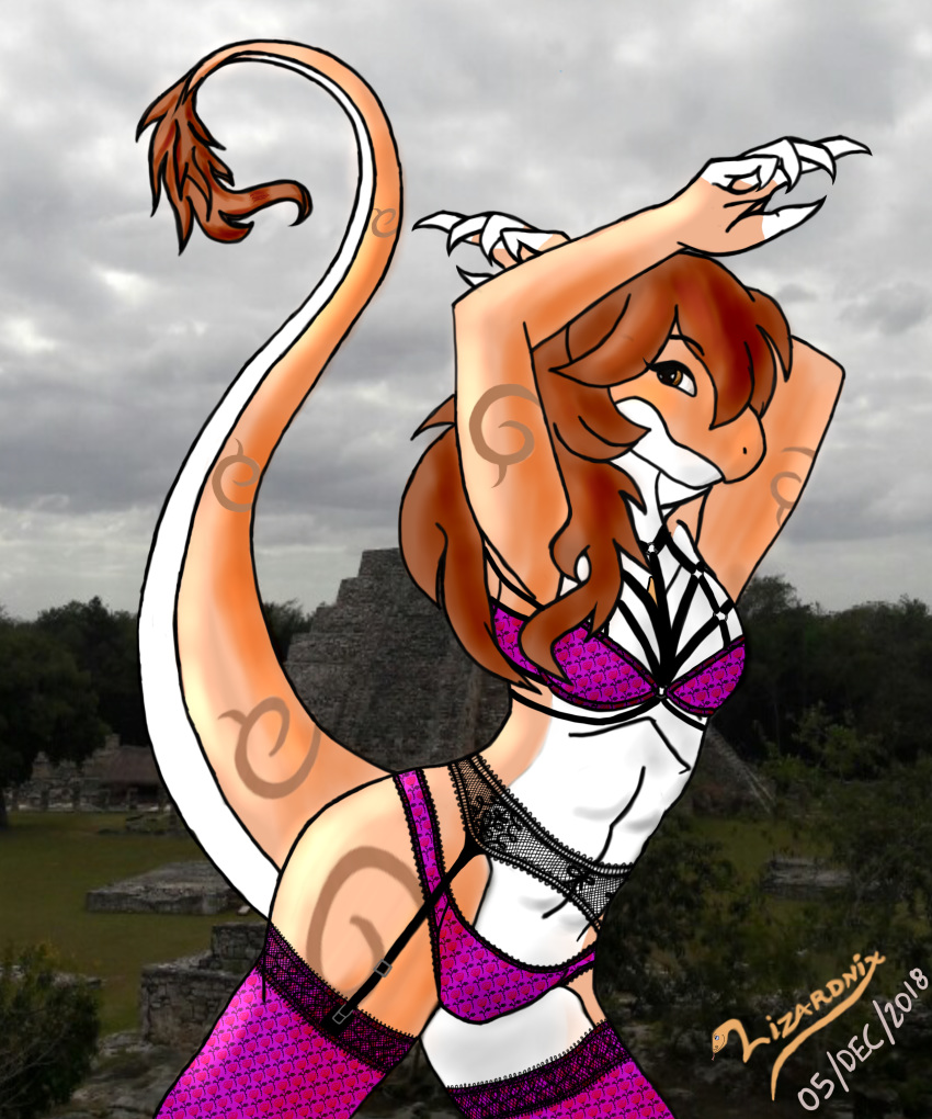 2018 5_fingers absurd_res anthro beige_countershading beige_skin breasts brown_hair clothing cloud countershading dinosaur eyebrows female garter_belt garter_straps hair hands_over_head hi_res jade_(disambiguation) legwear lingerie lizardnix markings non-mammal_breasts nude photo_background pose pyramid reverse_countershading scalie smile solo standing tail_tuft tree tribal_markings tuft underwear white_belly yellow_eyes