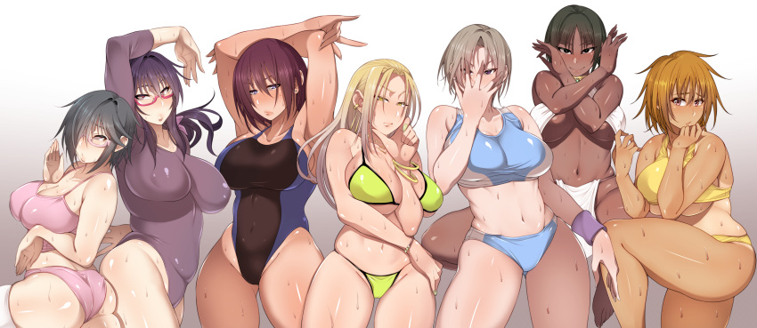 ass bikini black_eyes black_hair blonde_hair bloomers blue_eyes bra breast_hold breasts brown_hair cleavage dark_skin glasses gradient gray_hair group jojo_no_kimyou_na_bouken korotsuke leotard long_hair navel necklace orange_hair original panties parody pink_eyes purple_eyes purple_hair red_eyes short_hair skintight swimsuit tan_lines thighhighs underboob underwear wet wristwear yellow_eyes