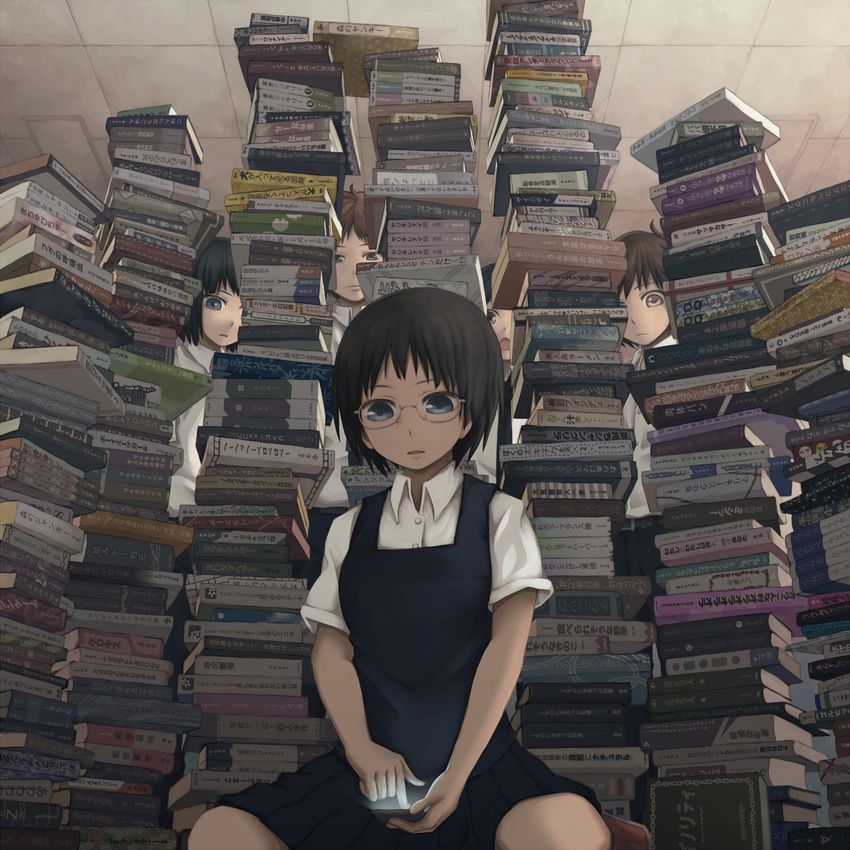 3girls blue_eyes book book_stack brown_hair cellphone commentary glasses highres multiple_boys multiple_girls original phone reading short_hair sitting social_commentary too_many too_many_books translation_request wariza yajirushi_(chanoma)